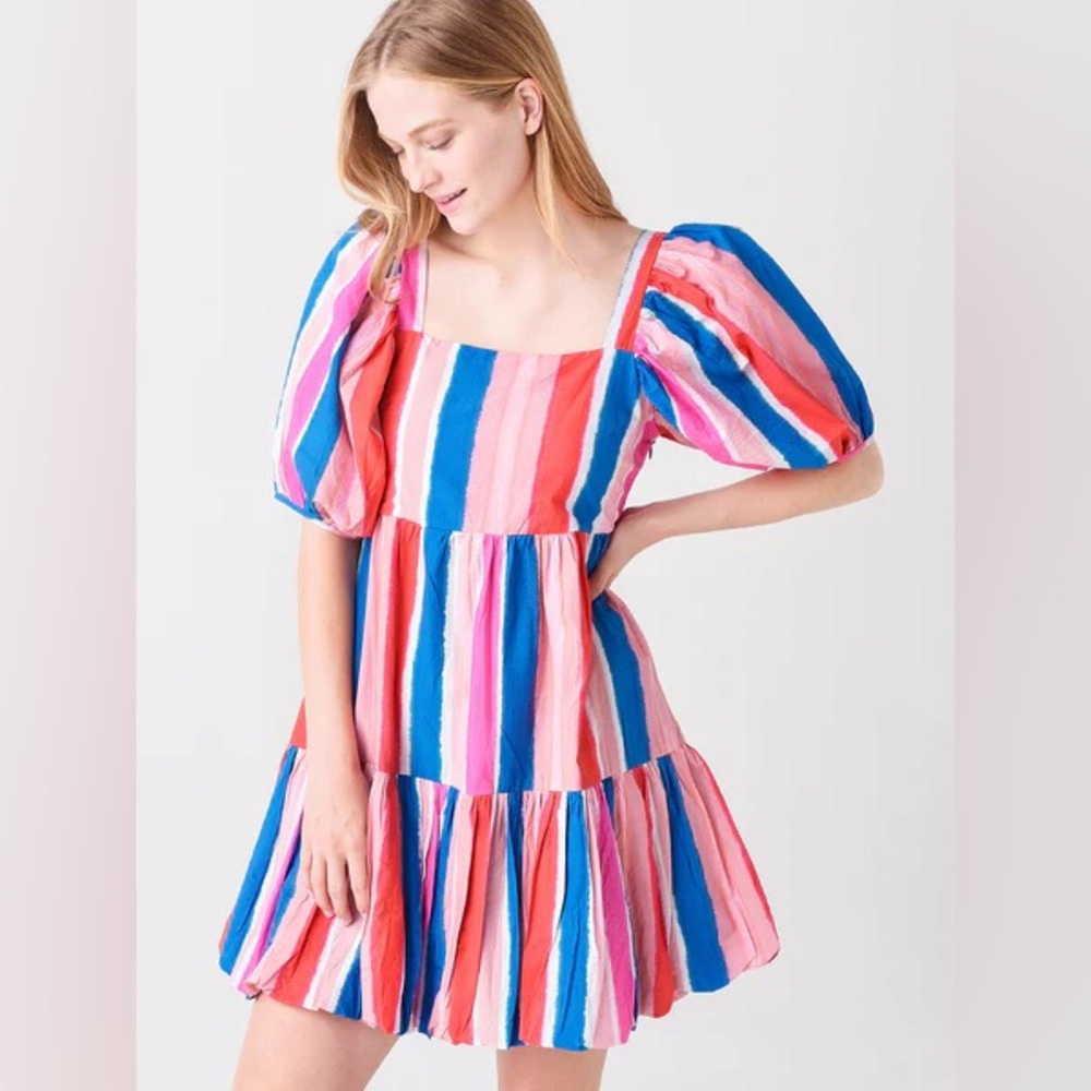Oliphant Bubble Skirt Striped Sleeve Mini Dress - Pink & Blue - XS